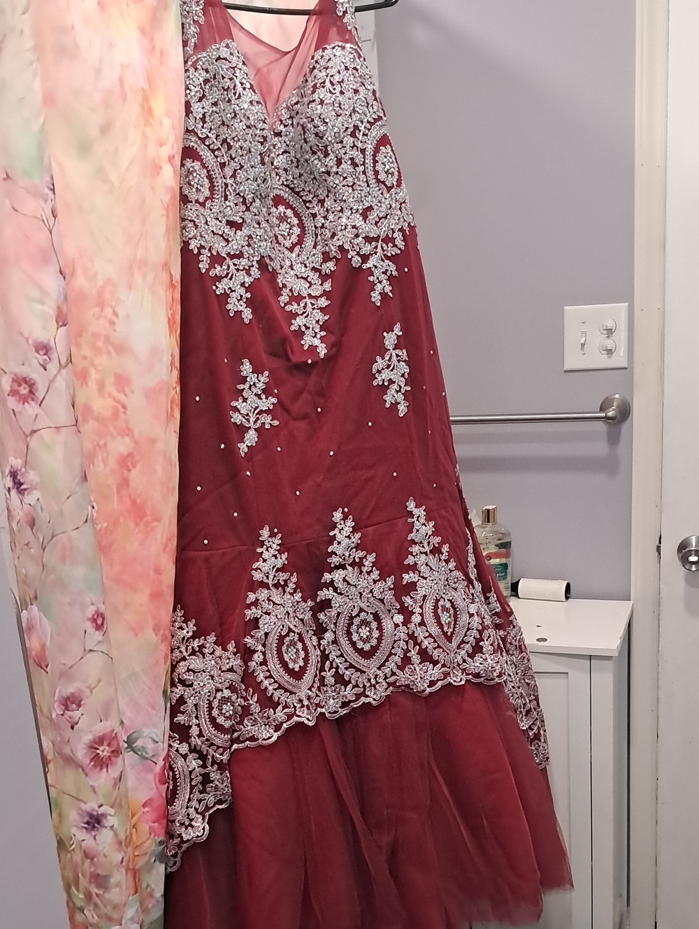 Wine Red Formal Gown with Silver Lace Appliqué